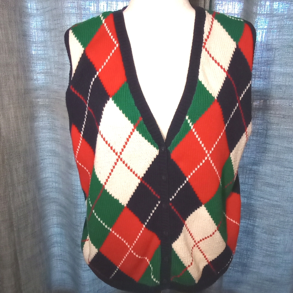 Vintage Charter Club 100% Cotton Argyle Print Buttoned Knit Women's Vest Size L